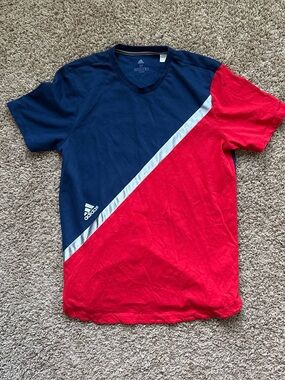Adidas Men’s Tan Block Tee Scarlet Red and Blue Size Medium